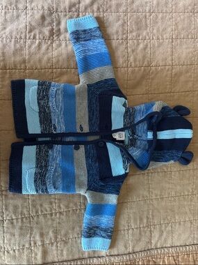 Baby GAP Striped Knit Bear Ear Hooded Jacket in Blue and Gray